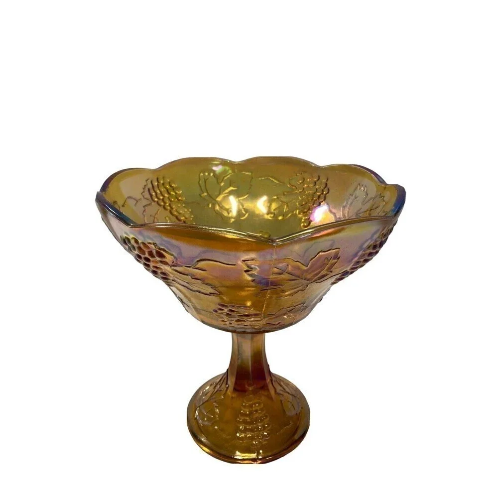 Vintage Amber Marigold CARNIVAL GLASS‎ Compote Pedestal BOWL Iridescent Grapes